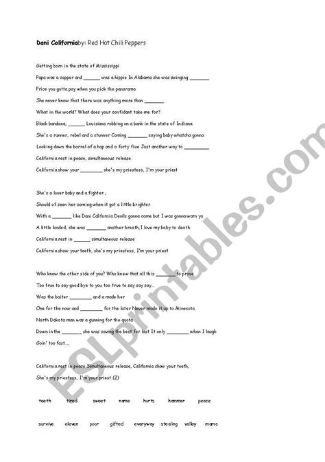 Red Hot Chilli Peppers Dani California Song Worksheet ESL Worksheet By Mark