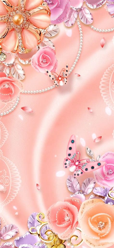 A Pink Background With Flowers Butterflies And Pearls On The Bottom