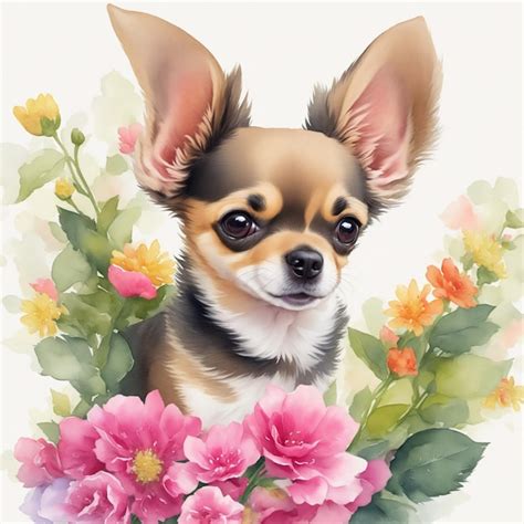 Premium Ai Image A Painting Of A Cute Chihuahua Dog With Flowers