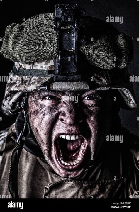 Mad Army Soldier Screaming While Looking At Camera Stock Photo Alamy