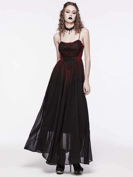 Punk Rave Black And Red Gothic Gorgeous Chiffon Embroidery Long Slip