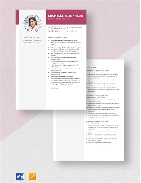 School Library Assistant Resume In Word Pages Download