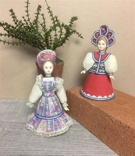 Set of 2 Folk Art Russian Cloth Dolls Cone Bottoms Hand Made