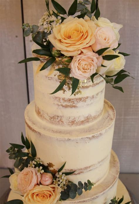 Semi Naked Wedding Cake With Flowers And Gold Leaf No W Creative Cakes
