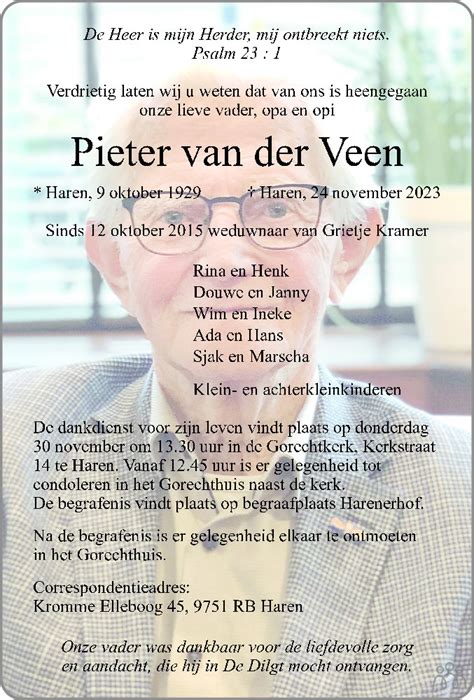 Pieter Van Der Veen 24 11 2023 Overlijdensbericht En Condoleances