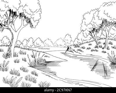 Bosque río gráfico negro blanco cascada paisaje dibujo ilustración