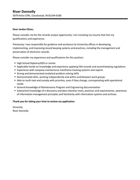 Records Analyst Cover Letter Velvet Jobs