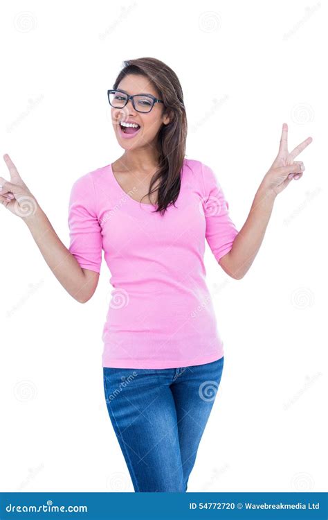 Pretty Brunette Pointing With Fingers And Looking At Camera Stock Photo Image Of Casual Hair