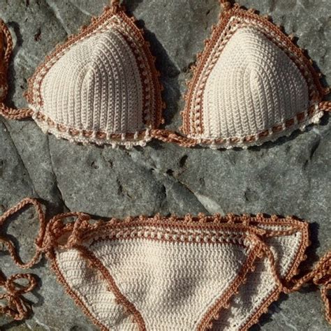 Crochet Bikini Set In Cream With Tan Accents Etsy