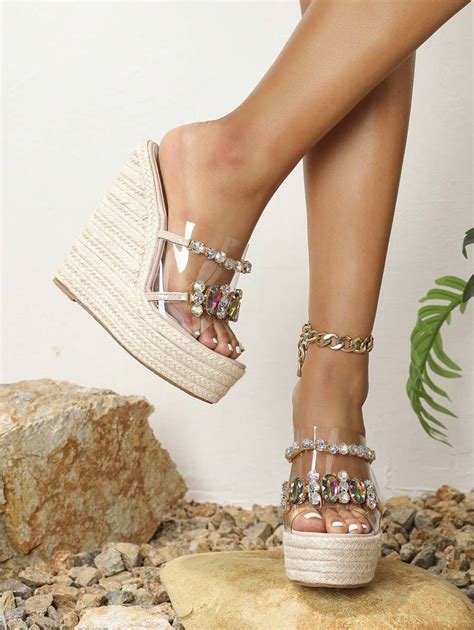 Womens Wedge Chunky Heeled Sandals With Rhinestone Detailing Peep Toe