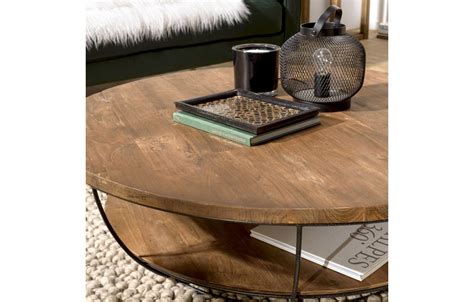 Table Basse Double Plateau Cm Bois Teck Recycl Et Coque Noire M Tal