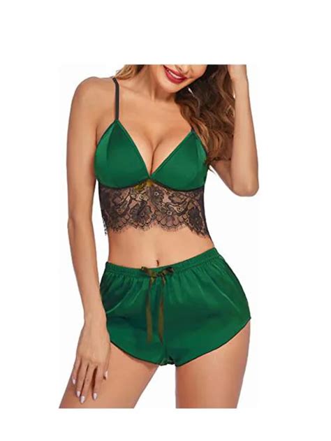 Buy Galsmaky Hot Women Babydoll Night Dress Sexy Dress Bra Panty Lingerie Set Green Free Size
