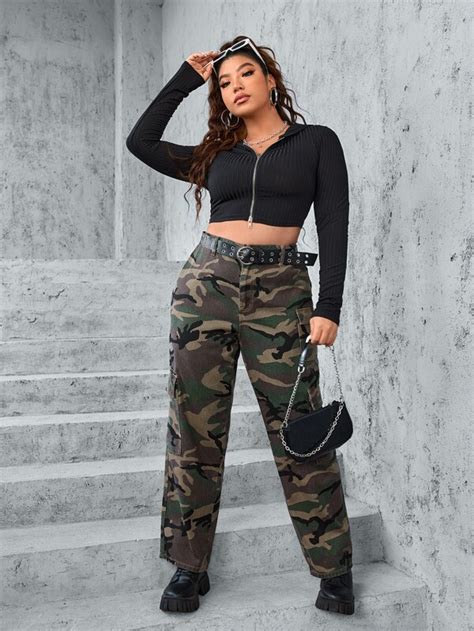 Shein Icon Plus Camo Print Flap Pocket Cargo Jeans Shein Usa