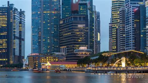 Stunning Twilight View Of Singapore City Cityscape Skyscrapers Wall