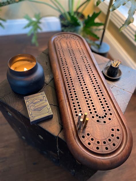 Handcrafted Black Walnut Cribbage Board Brass And Stainless Steel Pegs W