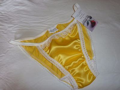 Yellow Shiny Satin Panties Mini Tanga String Bikini Ivory Lace Made In France Ebay