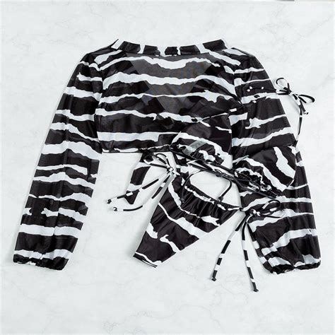 Two Piece Women Sexy Bikini Long Sleeve Zebra Stripes V Lace Up