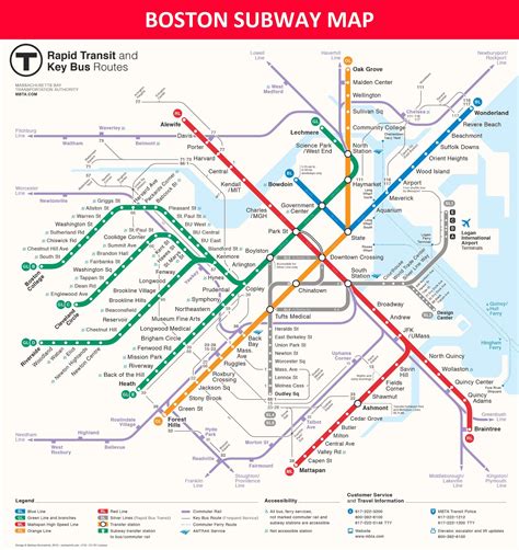 Map of Boston metro: metro lines and metro stations of Boston