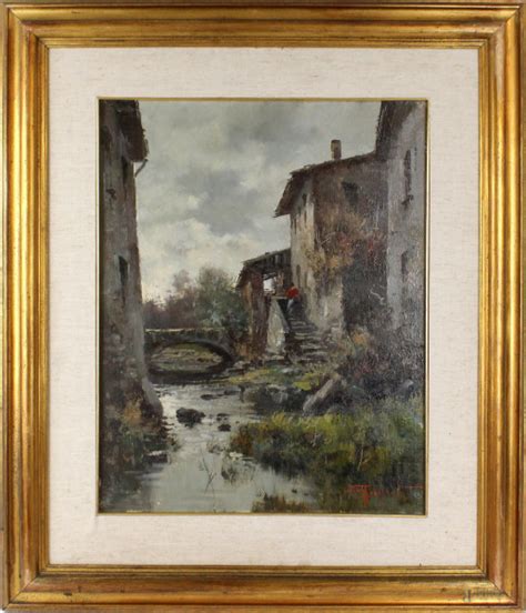 Scorcio Di Paese Con Fiume Olio Su Tela Cm 50x40 Firmato Entro