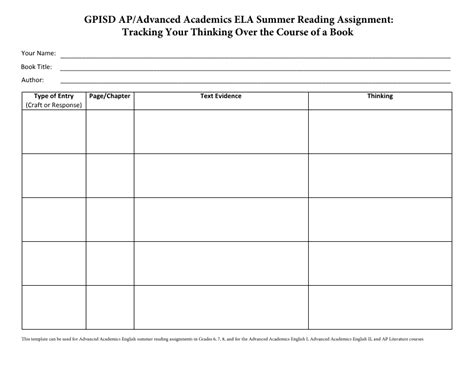 Summer Reading Assignment Tracking Your Thinking Over The Course Of A Book Download Fillable