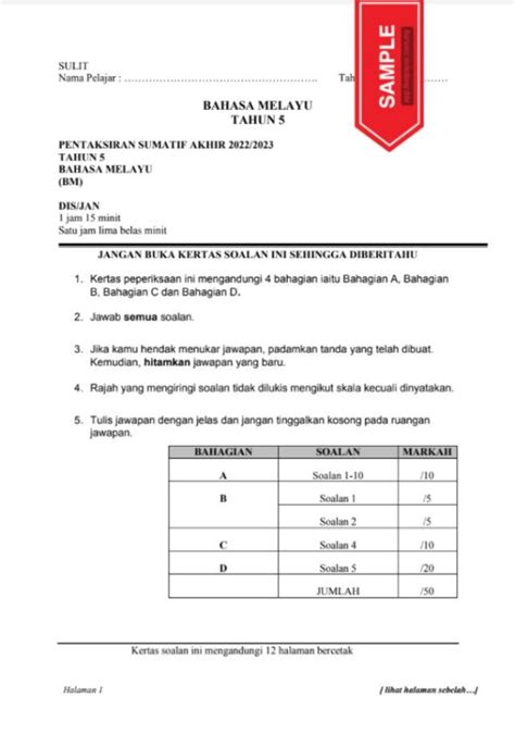 Set Kertas Pentaksiran Sumatif Akhir Bahasa Melayu Sjk