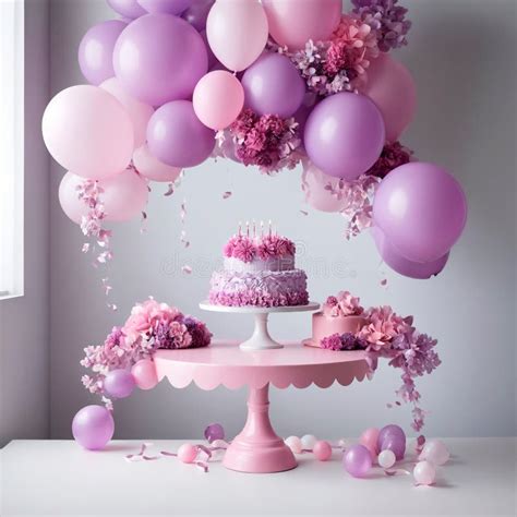 Birthday Cake with Pink and Purple Balloons and Confetti Stock ...