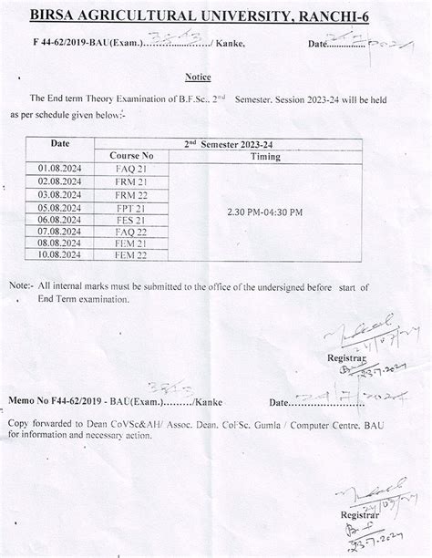 Notice For Schedule Of End Term Theory Examination Of B F Sc 2nd