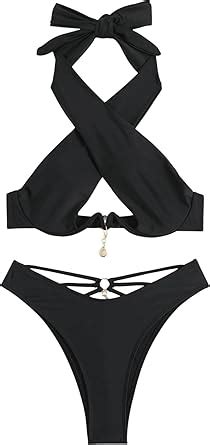 Amazon SweatyRocks Women S Two Piece Bathing Suit Criss Cross Halter Underwire Bikini High
