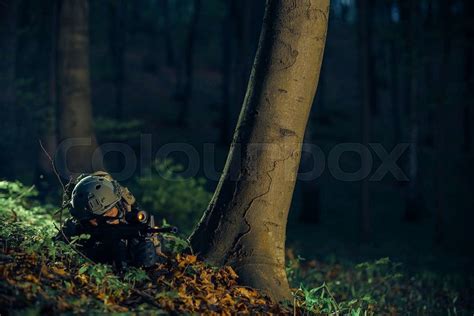 Military Night Time Operation. Army Soldier in the Dark Forest. | Stock ...