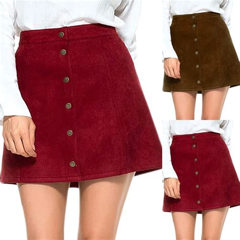 Women Solid Color Vintage Empire Above Knee Skirts Casual Suedette