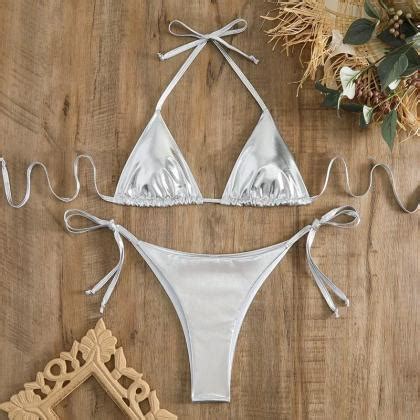 Shiny Purple Halter Tie Bikini Swimsuit Set On Luulla