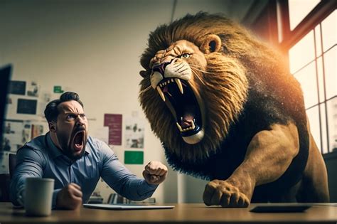 Premium AI Image A Man Is Sitting At A Desk With A Lion And A Man Is