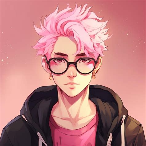 Premium AI Image | Anime boy with pink hair and glasses looking at the ...