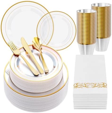 Amazon.com: FOCUSLINE 350 Clear Gold Dinnerware Set for 50 Guests ...