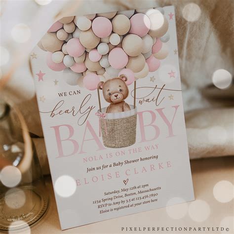 Editable Teddy Bear Hot Air Balloon Baby Shower Invitation Girl Pink