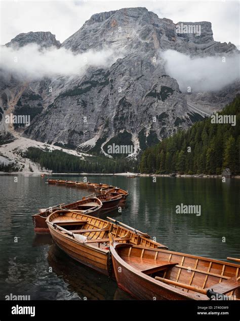 View Of Traditional Wooden Rowing Boats On Scenic Lago Di Braies In