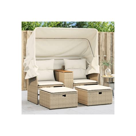 Canap De Jardin Places Avec Auvent Et Tabourets Beige Rotin Vidaxl