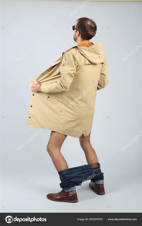 Exhibitionist Exposing Naked Body Coat Light Background Back View Stock Photo By NewAfrica