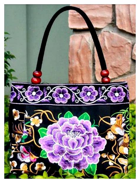 Floral Embroidered Peony Black Canvas Boho Handbag Pink Red Yellow