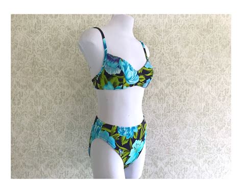 Vintage Floral Print Bikini 80s 90s High Waisted High Cut Two Etsy