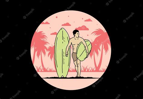 Premium Vector The Shirtless Man Holding Surfboard Illustration