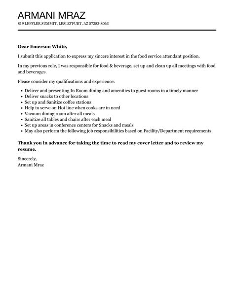 Food Service Attendant Cover Letter Velvet Jobs