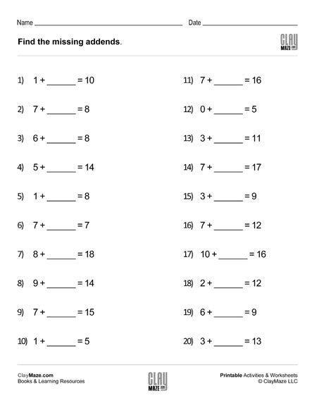 Find The Missing Addends Addition Worksheet Set 3 Homeschool Books