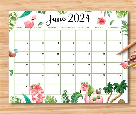 EDITABLE June 2024 Calendar, Printable Summer Calendar,, 04/07/2024