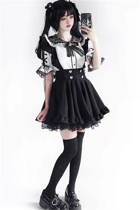 black solid color ruffle lace jirai kei japanese strap dress lolitainside