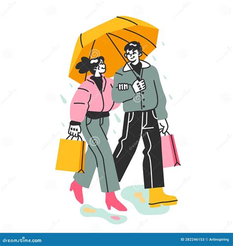 Lovers Under The Rain Cute Couple Walking Outdoor Under Umbrella Stock Vector Illustration Of