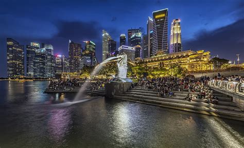 Merlion Park Singapore Parks Houses Evening Fountains Sculptures