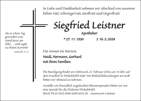 Traueranzeigen Von Siegfried Leistner Trauer Flz De