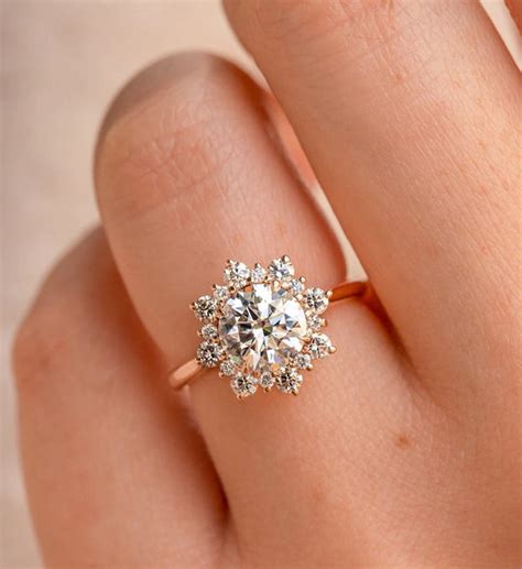 14k Rose Gold Plated Starburst Engagement Halo Ring Cluster Etsy Uk