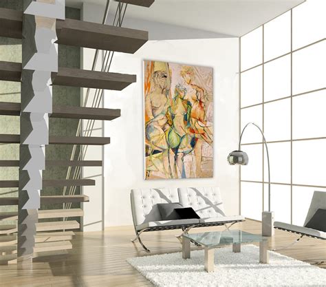 Extra Large Wall Art Print Canvas Art Print Nude Woman Abstract Art White Beige Orange Green